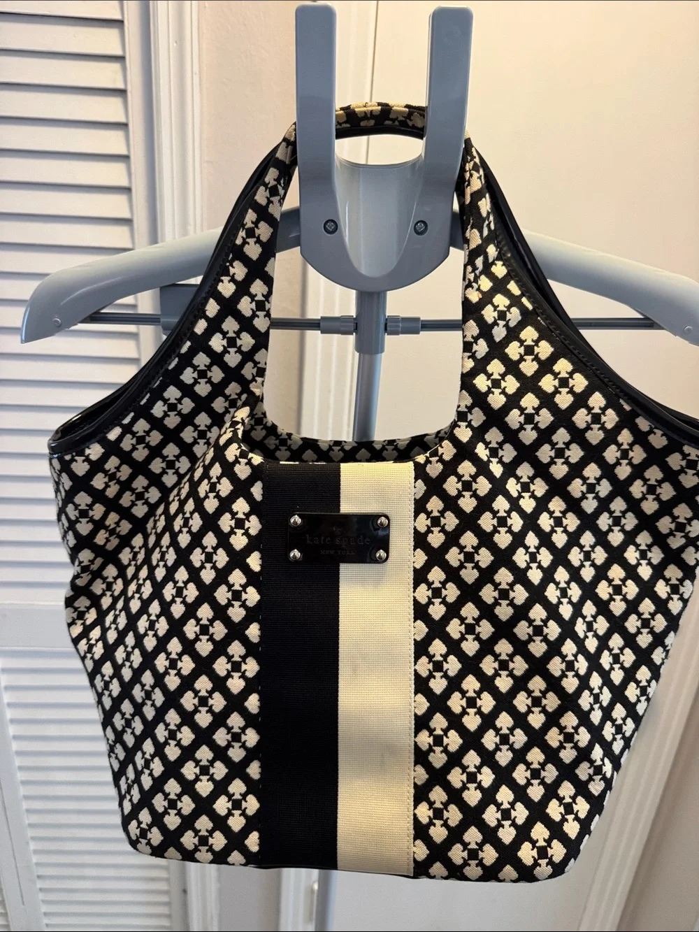 kate spade Black and Cream Geometric Canvas Hobo Tote and wallet with dust bag.